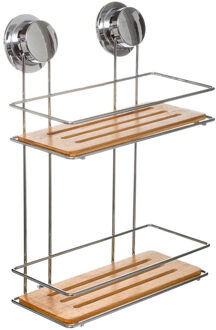 5five Doucherekje/badkamerrekje 2 lagen metaal/bamboe hout met zuignappen 25 x 13 x 36 cm