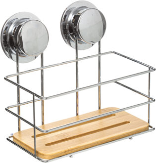 5five Doucherekje/badkamerrekje - metaal/bamboe hout - zuignappen - 19 x 12 x 18 cm