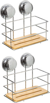 5five Doucherekje/badkamerrekje - Set van 2x stuks - metaal/bamboe hout - zuignappen - 19 x 12 x 18 cm