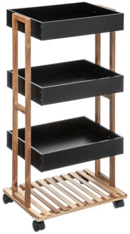 5five Doucherekje/badkamerrekje trolley - bamboe/zwart - 4 lagen - 40 x 30 x 87 cm