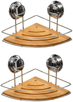 5five Doucherekje - Set van 2x stuks - hoek model - 27 x 20 x 12 cm - metaal/bamboe hout - zuignappen - ba