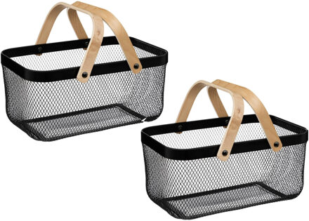 5five Draadmand/fruitschaal Maya - 2x stuks - rechthoek - zwart - 40 x 27 x 19 cm - metaal/hout - keuken