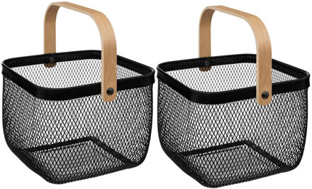 5five Draadmand/fruitschaal Maya - 2x stuks - vierkant - zwart - 26 x 26 x 18 cm - metaal/hout - keuken