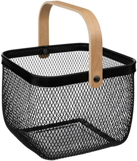 5five Draadmand/fruitschaal Maya - vierkant - zwart/bruin - 26 x 26 x 18 cm - metaal/hout - keuken mand