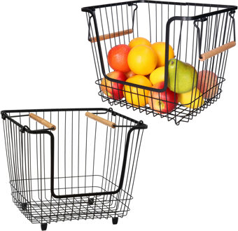 5five Draadmand/opbergmand met handvat - 2x - stapelbaar - zwart - 33 x 26 x 26 cm