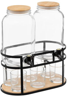 5five Drank dispensers - set van 2x stuks - 3,3L - glas - op standaard met 6 glazen - Drankdispensers Transparant