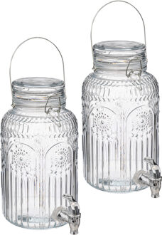 5five Drank/water/sap dispenser Marbella - 2x - 3.8 Liter - bewerkt deco glas - tapkraan/deksel zilver