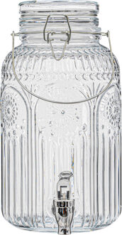 5five Drank/water/sap dispenser Marbella - 3.8 Liter - bewerkt deco glas - tapkraan/deksel zilver