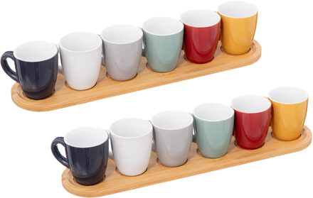 5five Espresso/koffie kopjes set - 12x - met bamboe plankjes - aardewerk kopjes - 90ml - diverse kleuren