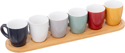 5five Espresso/koffie kopjes set - 6x - met bamboe plankje - aardewerk kopjes - 90ml - diverse kleuren - Koffie- en theeglazen Multikleur