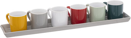 5five Espresso/koffie kopjes set - 6x - met dienblad - aardewerk kopjes - 90ml - diverse kleuren - Koffie- en theeglazen Multikleur