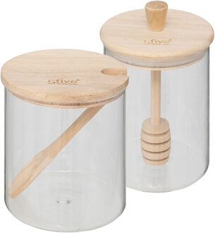 5five Five suiker- en honingpot set - 400 ml - glas/bamboe - transparant - inclusief lepel