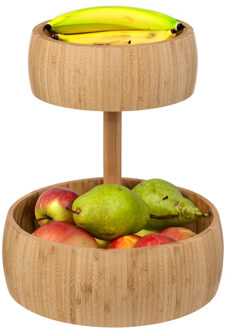 5five Fruitschaal/fruitmand Bali XL - bamboe hout - D29 x H35 cm - bruin - rond - 2 niveaus opslag - Fruitschalen