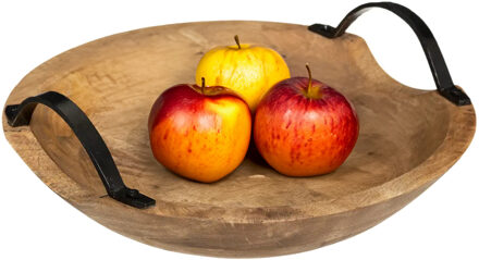 5five Fruitschaal/fruitmand - mango hout - D30 x H10 cm - met hengsels - Fruitschalen Bruin