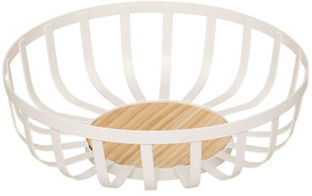 5five Fruitschaal / Fruitmand Zaragossa - metaal/hout - D28 x H9 cm - wit - rond