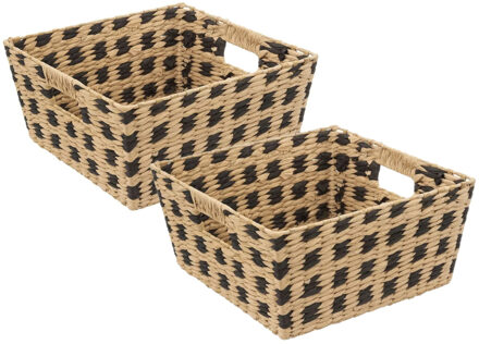 5five Gevlochten rieten opbergmand - 2x - beige/zwart 31 x 31 x 15 cm - Opbergmanden