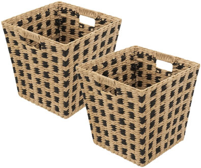 5five Gevlochten rieten opbergmand - 2x - vierkant - beige/zwart 31 x 31 x 31 cm - Opbergmanden