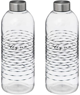 5five Glazen waterfles/drinkfles/sportfles - 2x - helder transparant - met RVS dop - 1000 ml