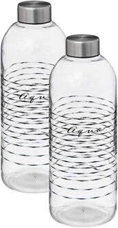 5five Glazen waterfles/drinkfles/sportfles - 2x - helder transparant - met RVS dop - 1000 ml