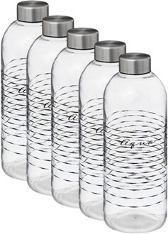 5five Glazen waterfles/drinkfles/sportfles - 5x - helder transparant - met RVS dop - 1000 ml