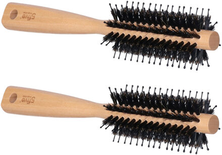 5five Haarborstel - 2x - rond - naturel met varkenshaar en kunststof pinnen - 24 cm - hout