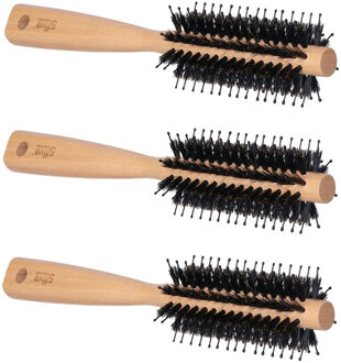 5five Haarborstel - 3x - rond - naturel met varkenshaar en kunststof pinnen - 24 cm - hout