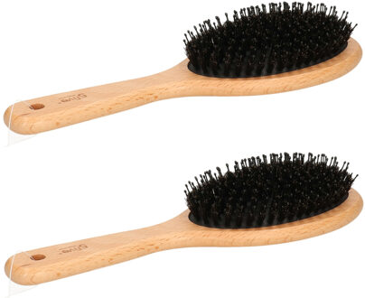 5five Haarborstel ovaal - 2x - naturel - kunststof/hout en varkenshaar - 24,5 cm