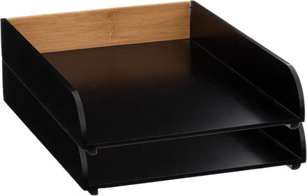 5five Kantoor postbakje/brievenbak - 2x - A4 formaat - stapelbaar - zwart - bamboe hout