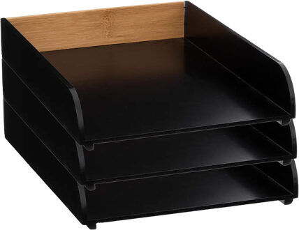 5five Kantoor postbakje/brievenbak - 3x - A4 formaat - stapelbaar - zwart - bamboe hout