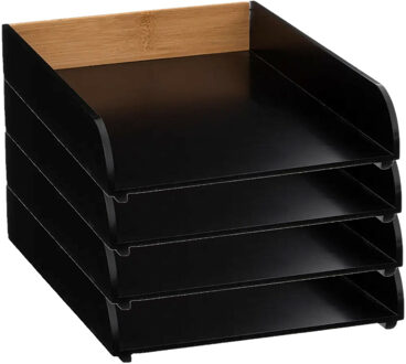 5five Kantoor postbakje/brievenbak - 4x - A4 formaat - stapelbaar - zwart - bamboe hout