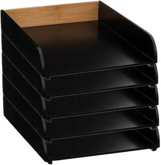5five Kantoor postbakje/brievenbak - 5x - A4 formaat - stapelbaar - zwart - bamboe hout