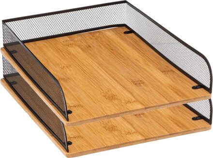 5five Kantoor postbakje/brievenbak A4 formaat - 2x - zwart mesh - bamboe hout