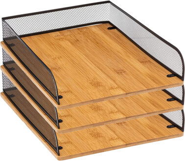 5five Kantoor postbakje/brievenbak A4 formaat - 3x - zwart mesh - bamboe hout