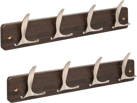 5five Kapstok - 2x - 4 ophang haken - RVS - bruin/zilver - 45 x 10 cm - wandkapstok