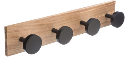5five Kapstok rek voor wand/muur - lichtbruin/zwart - 4 ophanghaken/knoppen - MDF/ijzer - 40 x 8 cm