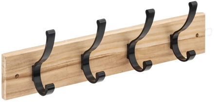 5five Kapstok rek voor wand/muur - lichtbruin/zwart - 4x ophanghaken - MDF/metaal - 42 x 8 cm