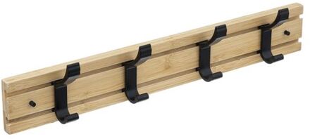 5five Kapstok rek - wand/muur - lichtbruin/zwart - 4x schuifbare haken - Bamboe/ijzer - 40 x 8 cm - Kapstokken