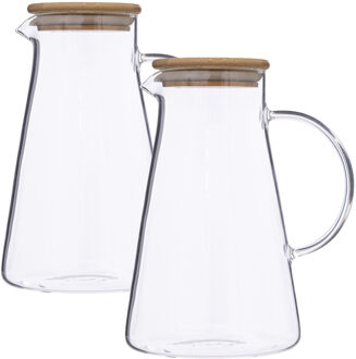 5five Karaf/schenkkan 1,5 liter - 2x stuks - glas met bamboe houten deksel - Waterkan - Sapkan