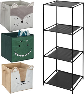 5five Kastmandjes/opberg mandjes - 3x stuks van 29L - Dieren gezicht prints - In rekje 68 x 68 cm