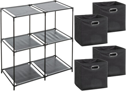 5five Kastmandjes/opberg mandjes - antraciet - 4x stuks van 29 Liter - In rekje van 67 x 68 cm