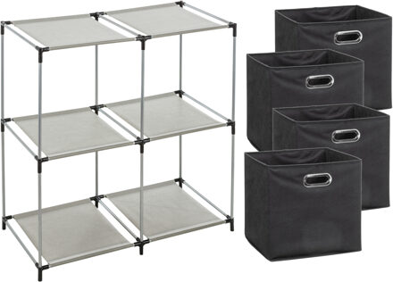 5five Kastmandjes/opberg mandjes - antraciet - 4x stuks van 29 Liter - In rekje van 67 x 68 cm