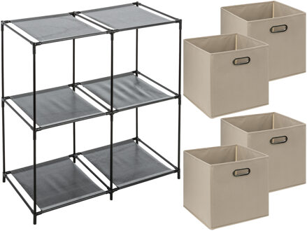 5five Kastmandjes/opberg mandjes - beige - 4x stuks van 29 Liter - In rekje van 67 x 68 cm