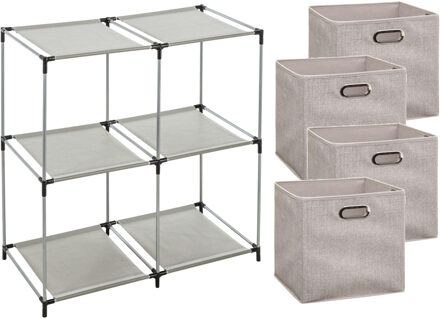 5five Kastmandjes/opberg mandjes - beige - 4x stuks van 29 Liter - In rekje van 67 x 68 cm