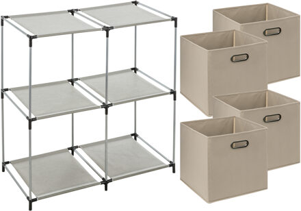 5five Kastmandjes/opberg mandjes - beige - 4x stuks van 29 Liter - In rekje van 67 x 68 cm