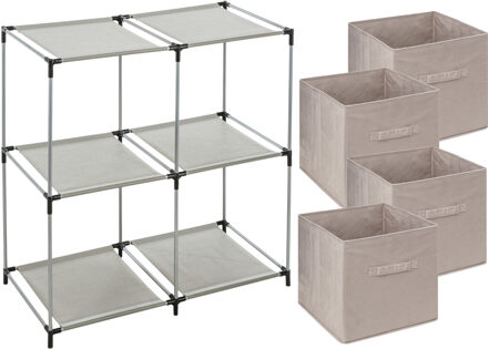 5five Kastmandjes/opberg mandjes - beige - 4x stuks van 29 Liter - In rekje van 67 x 68 cm