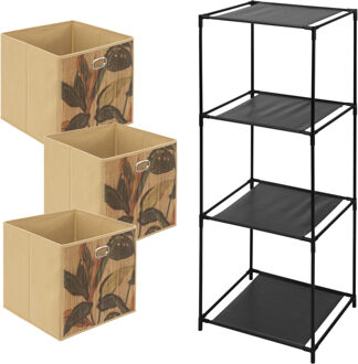 5five Kastmandjes/opberg mandjes - beige/print - 3x stuks van 29 Liter - In rekje van 34 x 98 cm