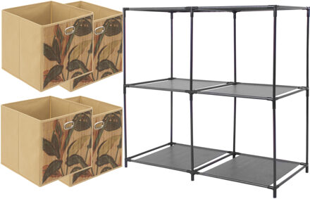 5five Kastmandjes/opberg mandjes - beige/print - 4x stuks van 29 Liter - In rekje van 68 x 70 cm