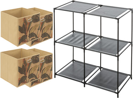 5five Kastmandjes/opberg mandjes - beige/print - 4x stuks van 29 Liter - In rekje van 68 x 70 cm