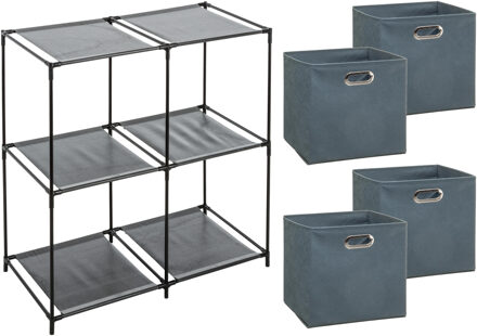 5five Kastmandjes/opberg mandjes - blauwgrijs - 4x stuks van 29 Liter - In rekje van 67 x 68 cm