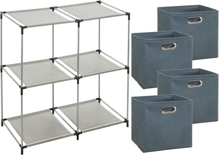 5five Kastmandjes/opberg mandjes - blauwgrijs - 4x stuks van 29 Liter - In rekje van 67 x 68 cm